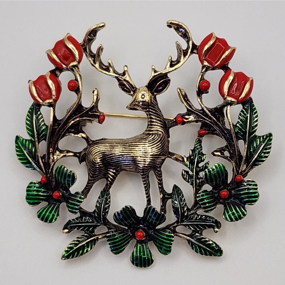 Deer Stag Brooch Surrounded by a Red & Green Forest Leaf Flower Border